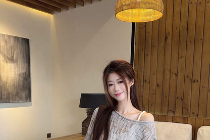 Long-Sleeve Boat Neck Plain Pointelle Knit Top / High Waist Midi A-Line Skirt / Faux Leather Belt