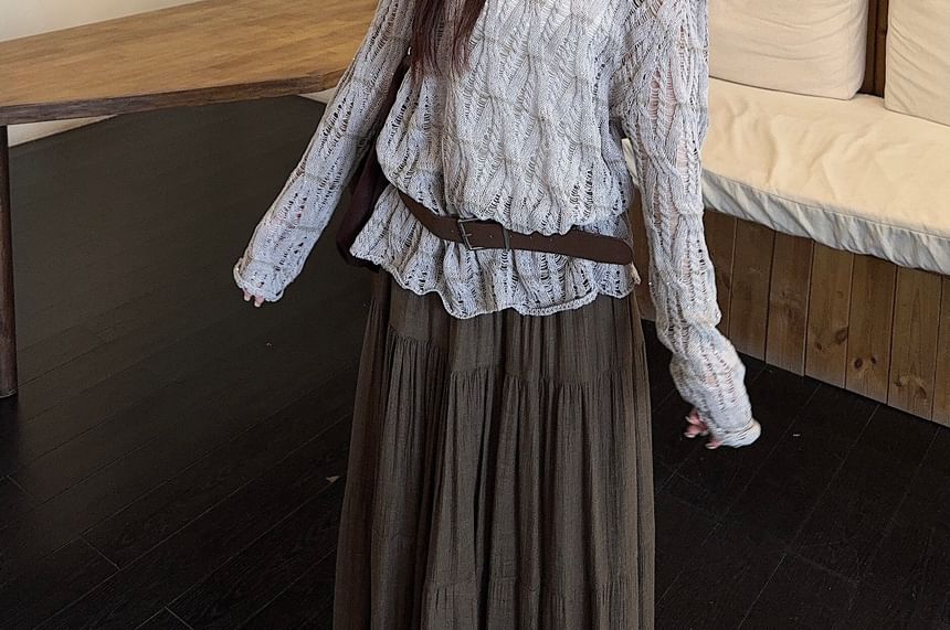 Long-Sleeve Boat Neck Plain Pointelle Knit Top / High Waist Midi A-Line Skirt / Faux Leather Belt