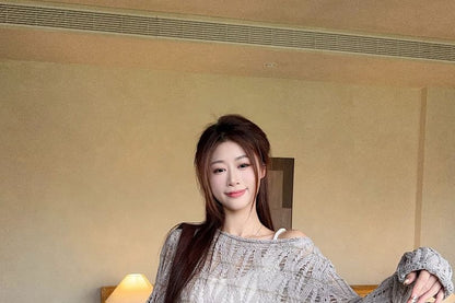 Long-Sleeve Boat Neck Plain Pointelle Knit Top / High Waist Midi A-Line Skirt / Faux Leather Belt