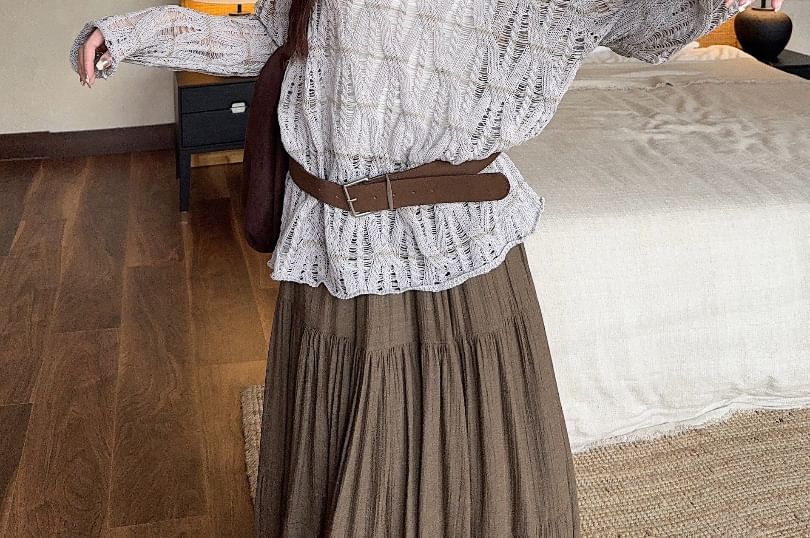 Long-Sleeve Boat Neck Plain Pointelle Knit Top / High Waist Midi A-Line Skirt / Faux Leather Belt