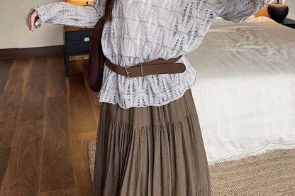 Long-Sleeve Boat Neck Plain Pointelle Knit Top / High Waist Midi A-Line Skirt / Faux Leather Belt