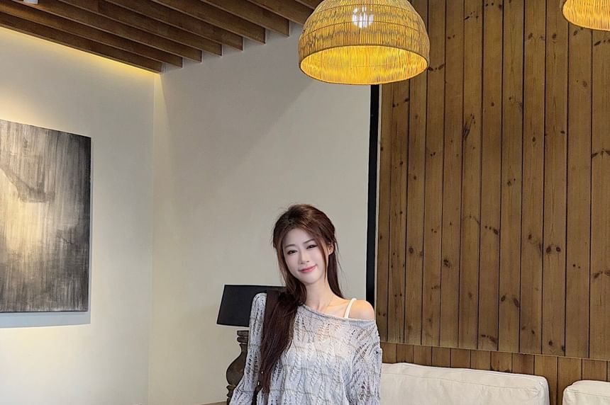 Long-Sleeve Boat Neck Plain Pointelle Knit Top / High Waist Midi A-Line Skirt / Faux Leather Belt