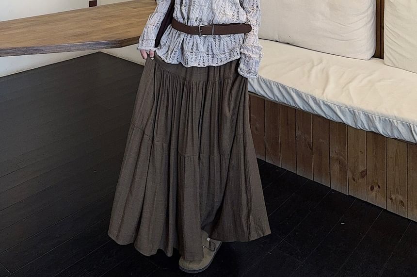 Long-Sleeve Boat Neck Plain Pointelle Knit Top / High Waist Midi A-Line Skirt / Faux Leather Belt
