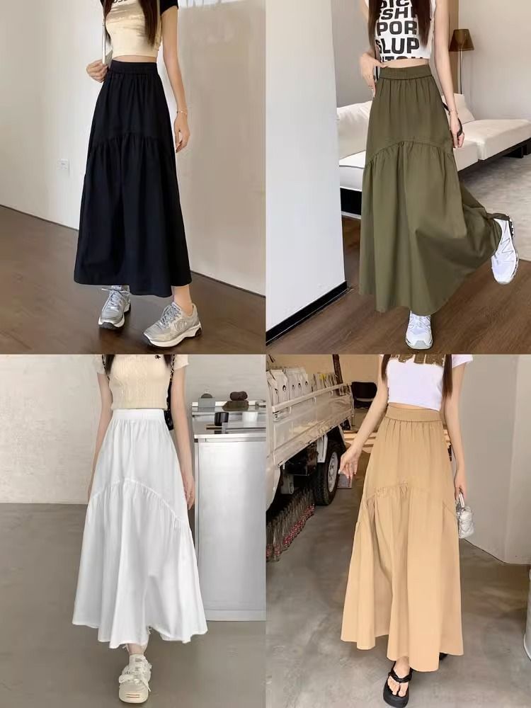 High Waist Plain Ruched Midi A-Line Skirt