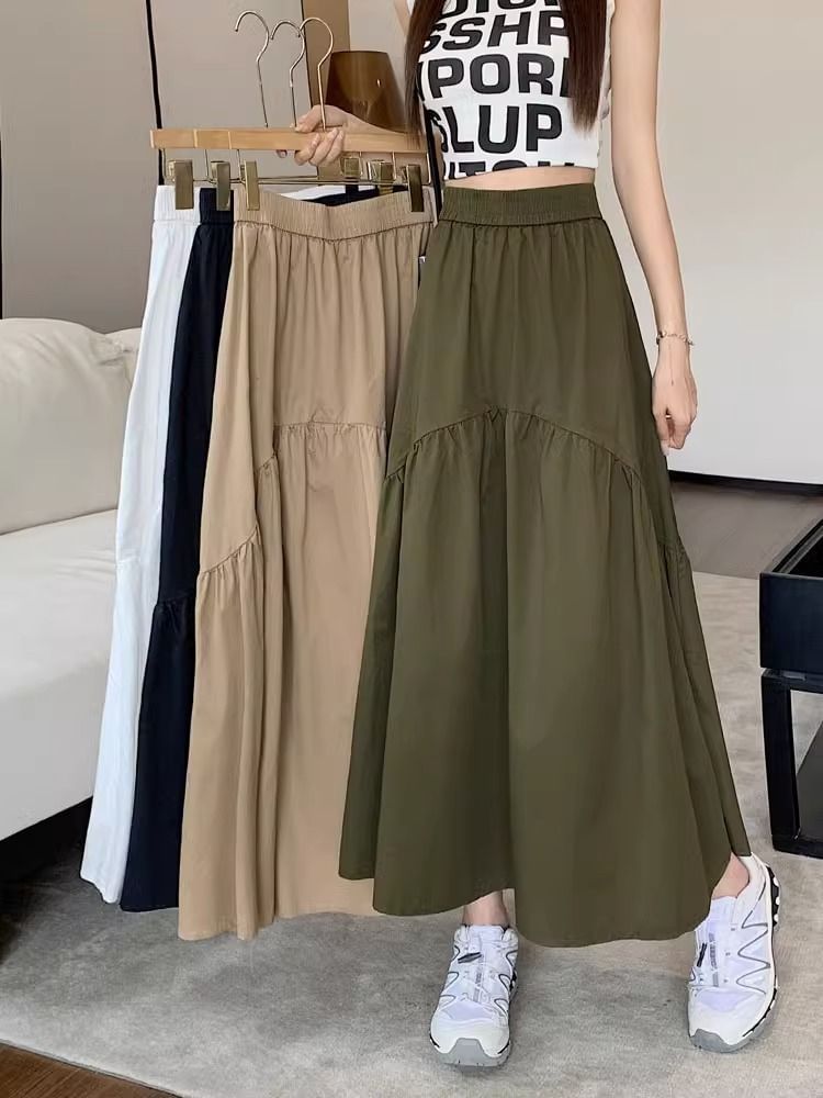 High Waist Plain Ruched Midi A-Line Skirt