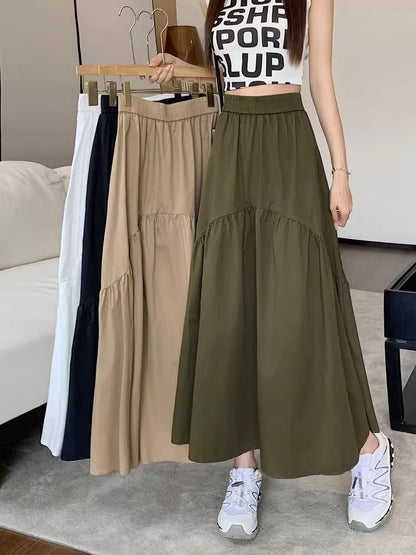 High Waist Plain Ruched Midi A-Line Skirt