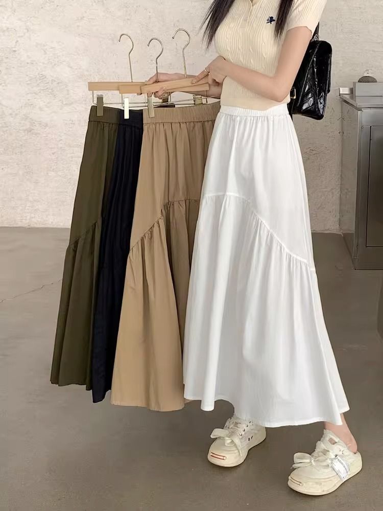 High Waist Plain Ruched Midi A-Line Skirt