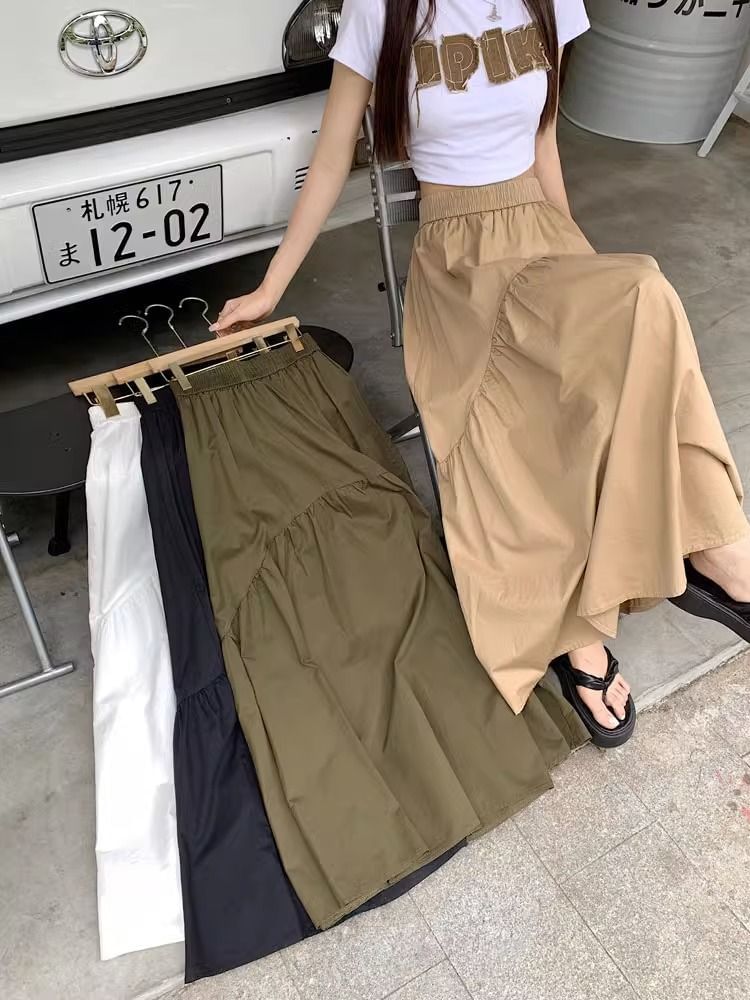 High Waist Plain Ruched Midi A-Line Skirt