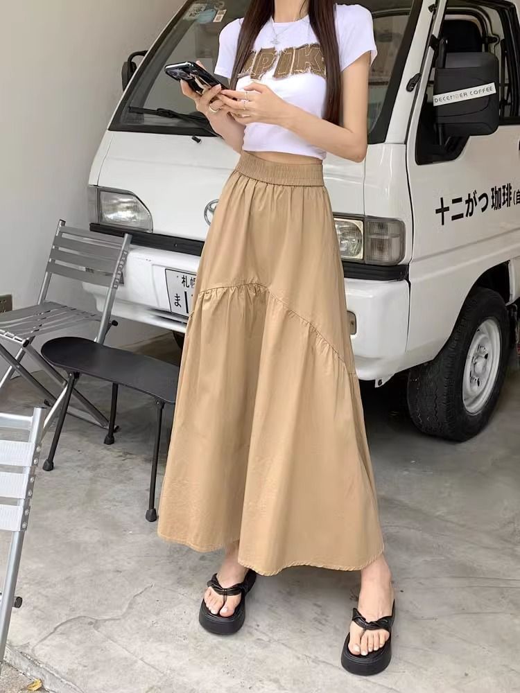 High Waist Plain Ruched Midi A-Line Skirt