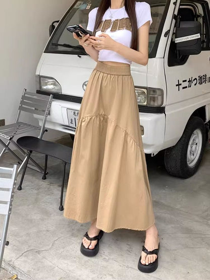 High Waist Plain Ruched Midi A-Line Skirt