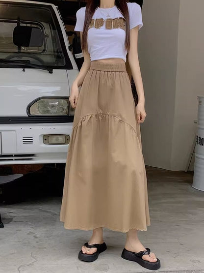 High Waist Plain Ruched Midi A-Line Skirt