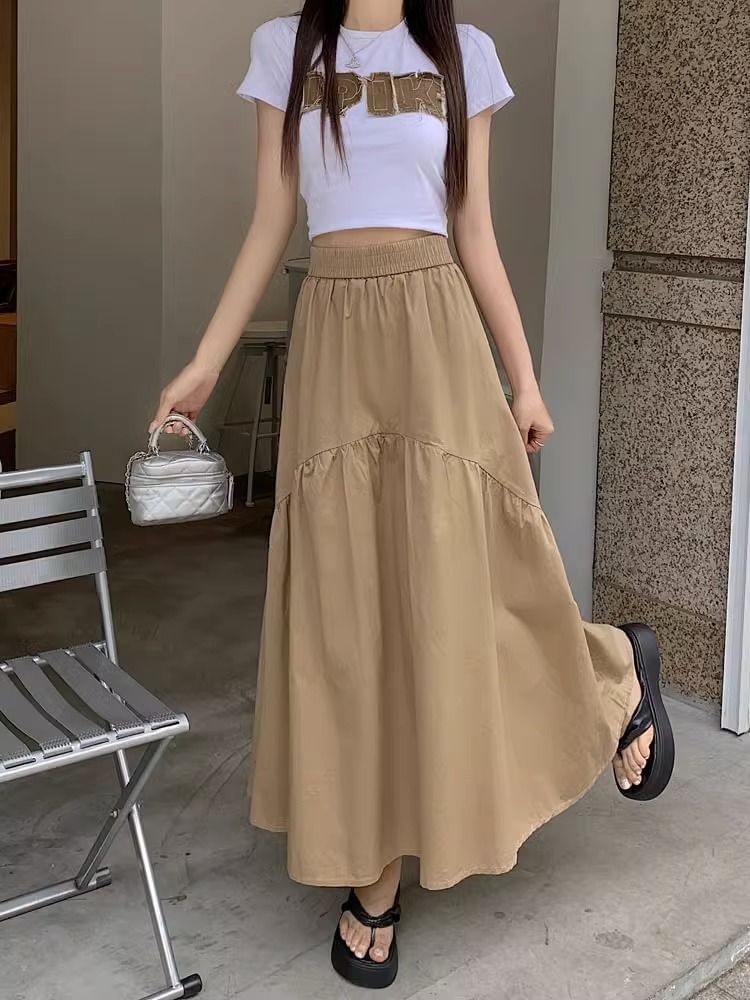 High Waist Plain Ruched Midi A-Line Skirt