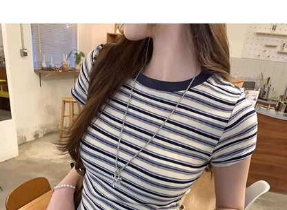 Crew-Neck Striped Short-Sleeve Fitted Tee