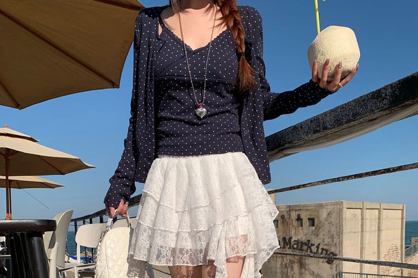 Elastic Waist Plain Tiered Asymmetrical Lace Mini A-Line Skirt