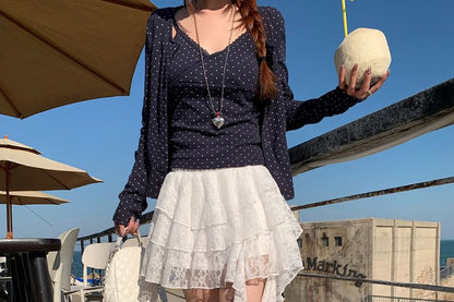 Elastic Waist Plain Tiered Asymmetrical Lace Mini A-Line Skirt