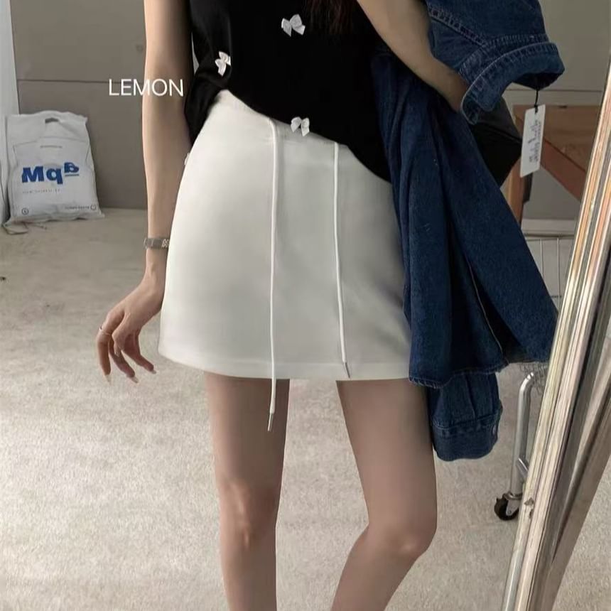 Drawstring Waist Plain Mini Pencil Skirt