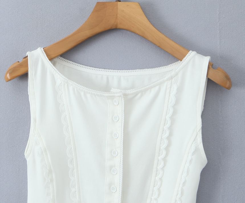 Lace-Trim Plain Button Up Slim-Fit Tank Top