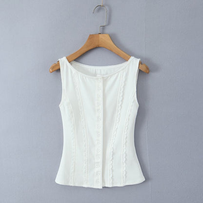 Lace-Trim Plain Button Up Slim-Fit Tank Top