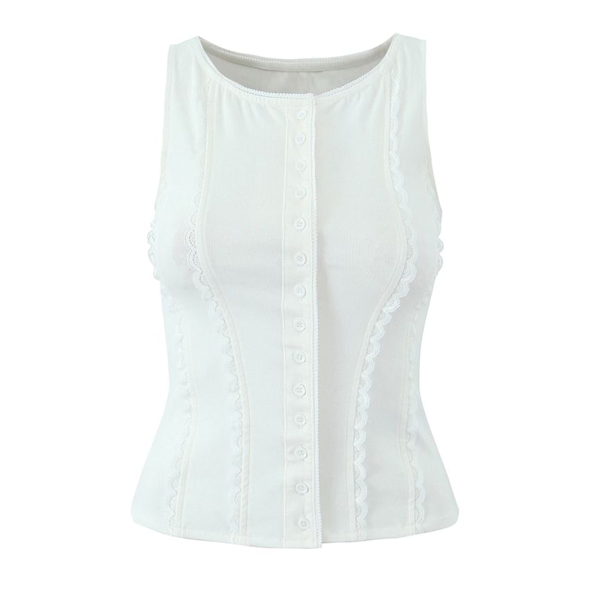 Lace-Trim Plain Button Up Slim-Fit Tank Top