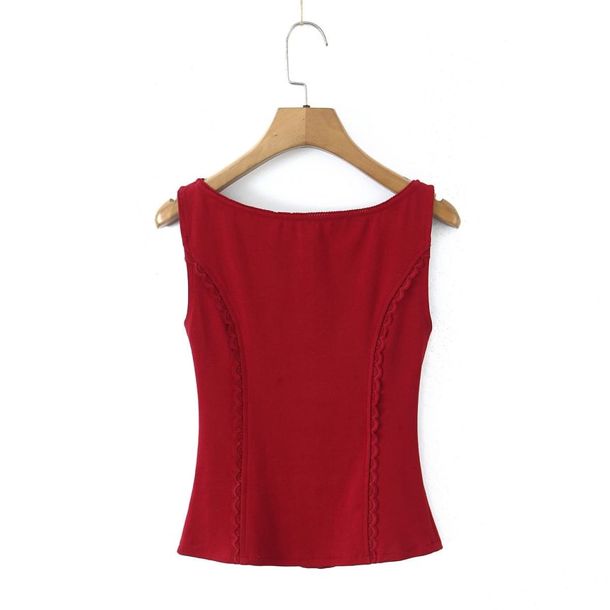 Lace-Trim Plain Button Up Slim-Fit Tank Top