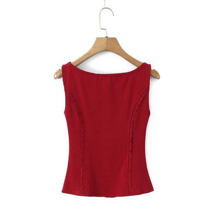 Lace-Trim Plain Button Up Slim-Fit Tank Top