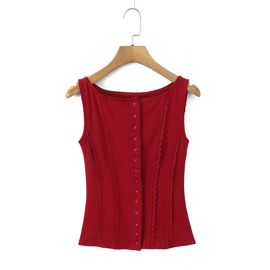 Lace-Trim Plain Button Up Slim-Fit Tank Top
