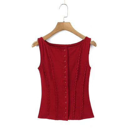 Lace-Trim Plain Button Up Slim-Fit Tank Top