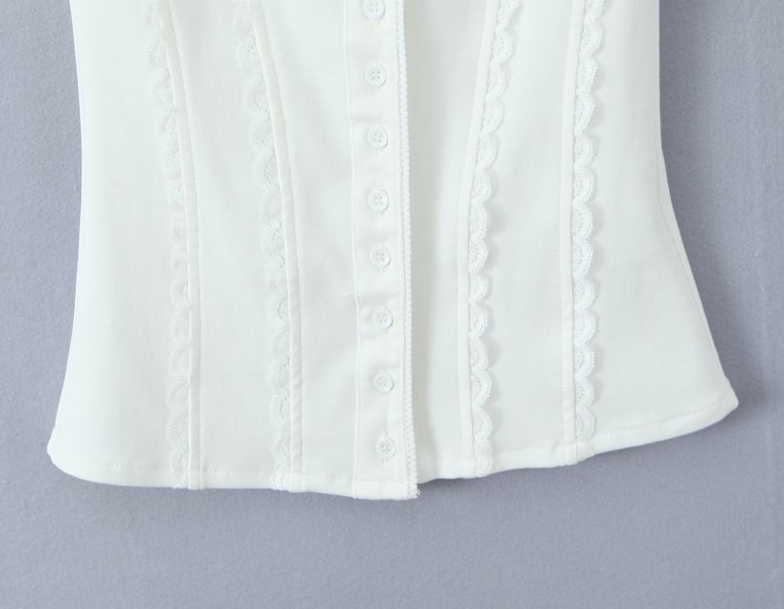 Lace-Trim Plain Button Up Slim-Fit Tank Top