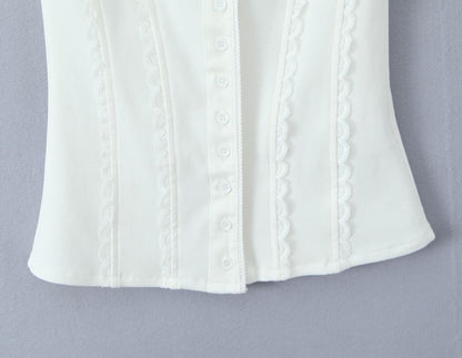 Lace-Trim Plain Button Up Slim-Fit Tank Top