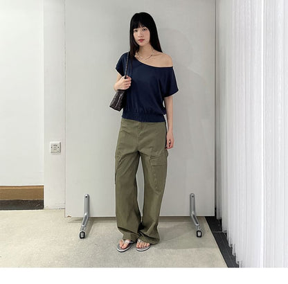 Short-Sleeve Round Neck Off Shoulder Plain T-Shirt