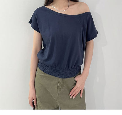 Short-Sleeve Round Neck Off Shoulder Plain T-Shirt