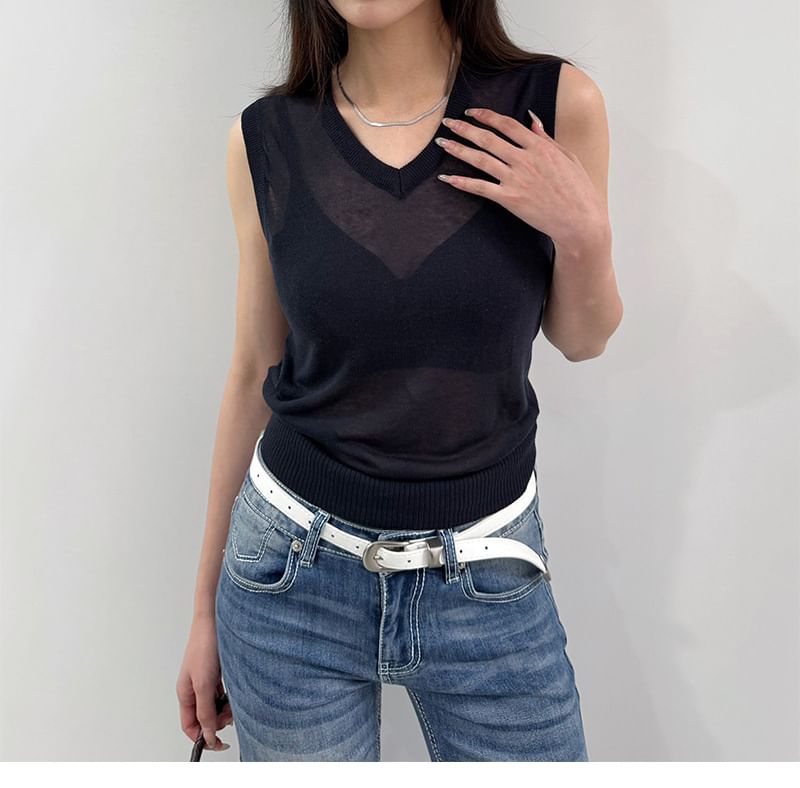 Sleeveless V-Neck Plain Knit Top