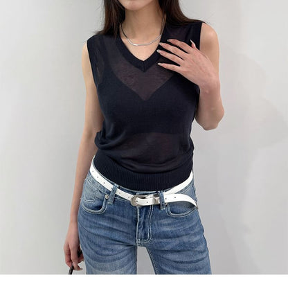 Sleeveless V-Neck Plain Knit Top