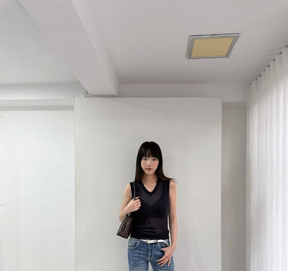 Sleeveless V-Neck Plain Knit Top