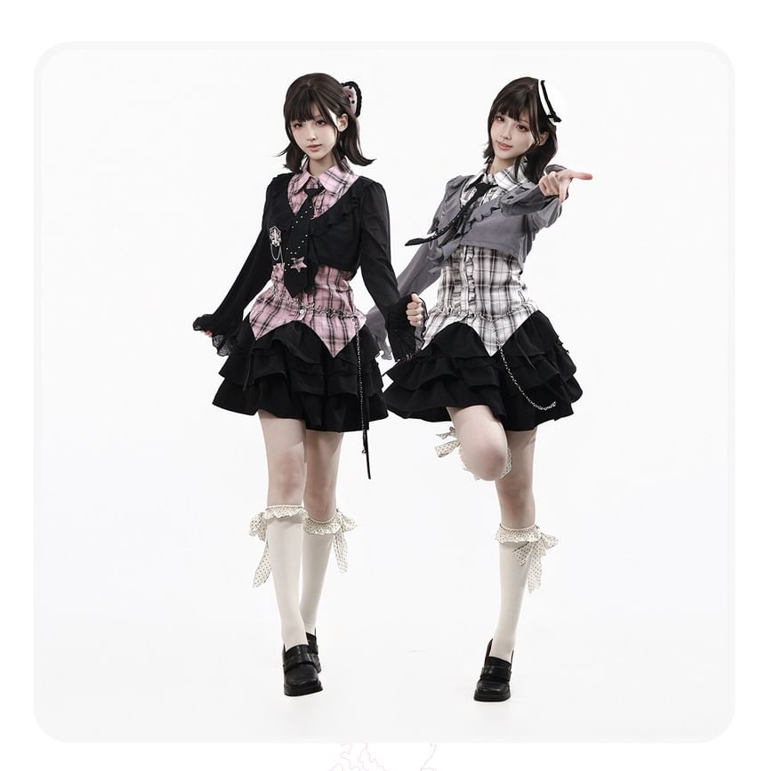 Long-Sleeve Collared Plaid Button Up Shirt / Ruffle Trim Crop Cardigan / Mid Rise Mini A-Line Skirt
