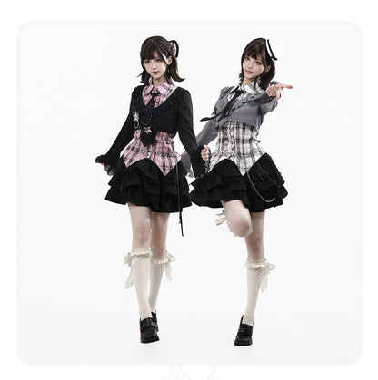 Long-Sleeve Collared Plaid Button Up Shirt / Ruffle Trim Crop Cardigan / Mid Rise Mini A-Line Skirt