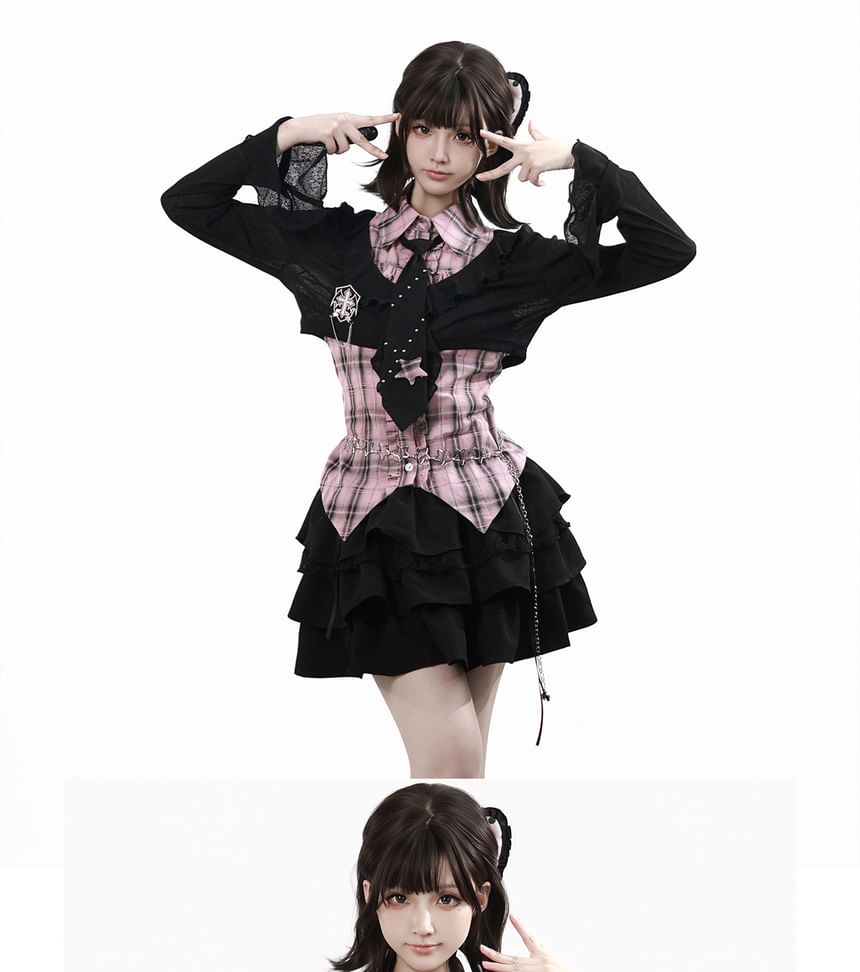 Long-Sleeve Collared Plaid Button Up Shirt / Ruffle Trim Crop Cardigan / Mid Rise Mini A-Line Skirt