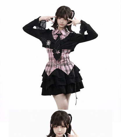 Long-Sleeve Collared Plaid Button Up Shirt / Ruffle Trim Crop Cardigan / Mid Rise Mini A-Line Skirt