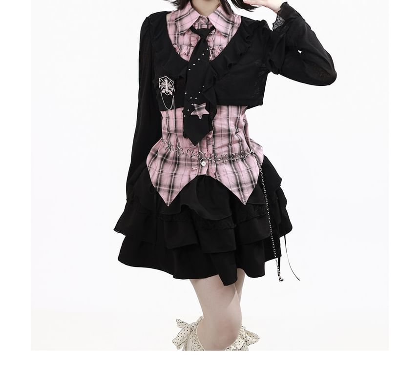 Long-Sleeve Collared Plaid Button Up Shirt / Ruffle Trim Crop Cardigan / Mid Rise Mini A-Line Skirt