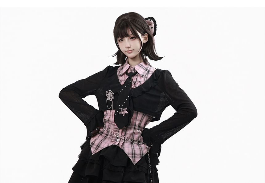 Long-Sleeve Collared Plaid Button Up Shirt / Ruffle Trim Crop Cardigan / Mid Rise Mini A-Line Skirt