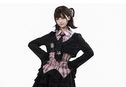 Long-Sleeve Collared Plaid Button Up Shirt / Ruffle Trim Crop Cardigan / Mid Rise Mini A-Line Skirt