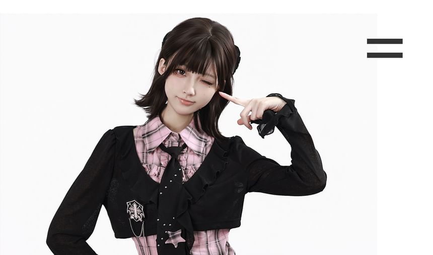 Long-Sleeve Collared Plaid Button Up Shirt / Ruffle Trim Crop Cardigan / Mid Rise Mini A-Line Skirt