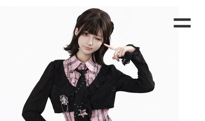 Long-Sleeve Collared Plaid Button Up Shirt / Ruffle Trim Crop Cardigan / Mid Rise Mini A-Line Skirt