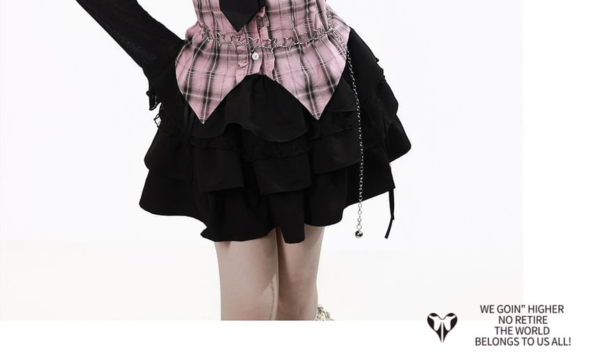 Long-Sleeve Collared Plaid Button Up Shirt / Ruffle Trim Crop Cardigan / Mid Rise Mini A-Line Skirt