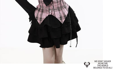 Long-Sleeve Collared Plaid Button Up Shirt / Ruffle Trim Crop Cardigan / Mid Rise Mini A-Line Skirt