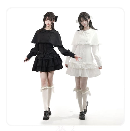 Long-Sleeve Band Collar Plain Blouse / Collared Plain Crop Cape / Mid Rise Plain Mini A-Line Skirt / Long-Sleeve Collared Plain Ruffle Trim Mini A-Line Dress