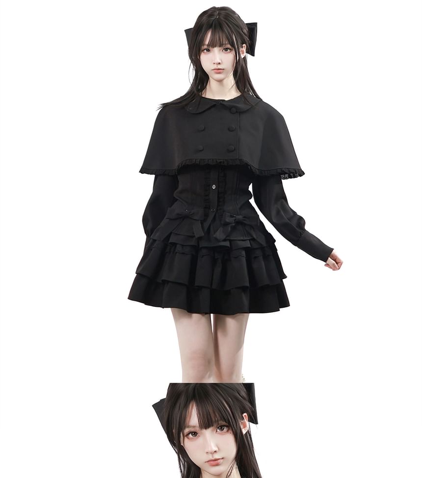 Long-Sleeve Band Collar Plain Blouse / Collared Plain Crop Cape / Mid Rise Plain Mini A-Line Skirt / Long-Sleeve Collared Plain Ruffle Trim Mini A-Line Dress