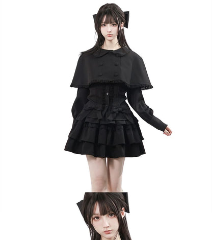 Long-Sleeve Band Collar Plain Blouse / Collared Plain Crop Cape / Mid Rise Plain Mini A-Line Skirt / Long-Sleeve Collared Plain Ruffle Trim Mini A-Line Dress