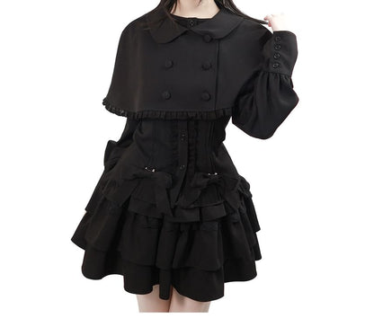 Long-Sleeve Band Collar Plain Blouse / Collared Plain Crop Cape / Mid Rise Plain Mini A-Line Skirt / Long-Sleeve Collared Plain Ruffle Trim Mini A-Line Dress