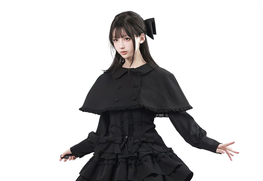 Long-Sleeve Band Collar Plain Blouse / Collared Plain Crop Cape / Mid Rise Plain Mini A-Line Skirt / Long-Sleeve Collared Plain Ruffle Trim Mini A-Line Dress